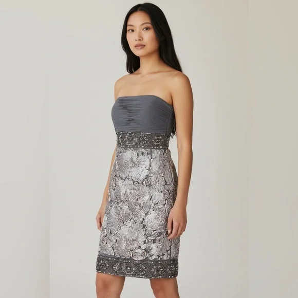 Sue Wong Nocturne Strapless Beaded Dress Pewter Silver Cocktail Size 2 Sue Wong Nocturne Strapless Beaded Dress Pewter Silver Cocktail Size 2